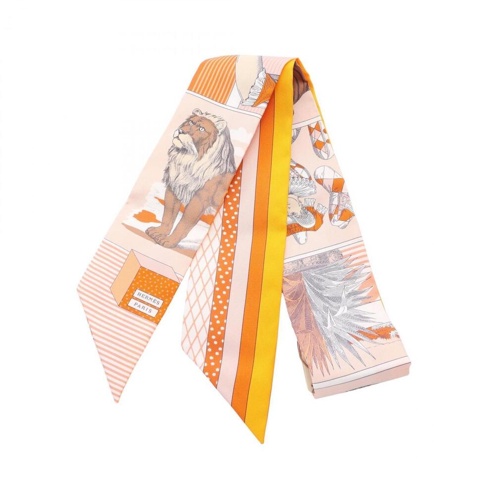 Hermes Twilly GRAND THEATRE NOUVEAU Ribbon Scarf Muffler Silk Women's Pink Mu...